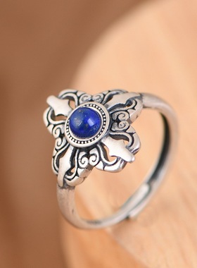纯银戒指复古工艺青金石小众女款