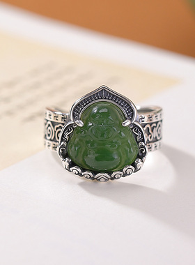 纯银镶嵌碧玉弥勒佛开口女士戒指