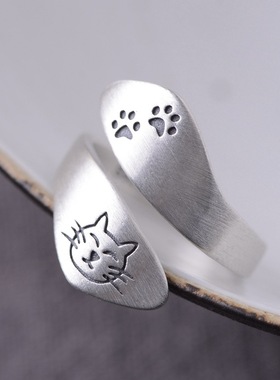 纯银复古文艺风小猫咪可调节戒指