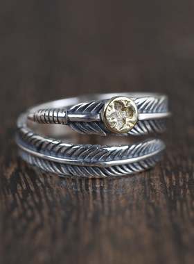 开口银戒指指环羽毛复古工艺女款