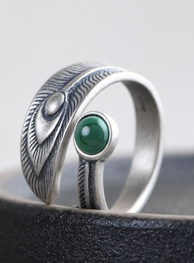 纯银复古工艺开口孔雀石羽毛戒指