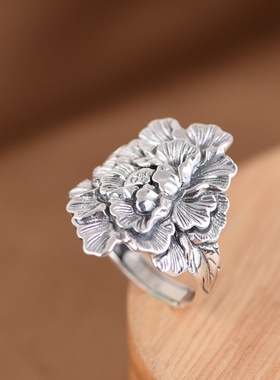 足银开口牡丹花银戒指民族风女款