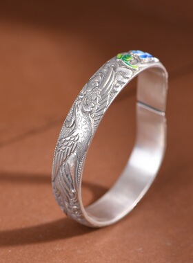 凤穿牡丹珐琅彩小众款开口马蹄镯