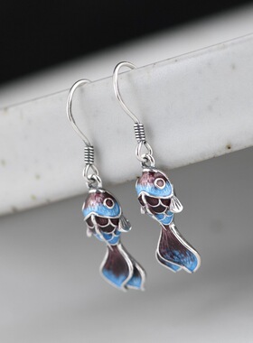 复古烧蓝工艺耳饰棉麻锦鲤吊坠