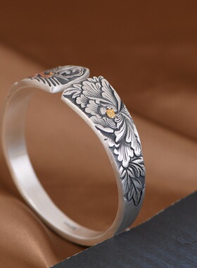 S999足银古朴优雅民族风凤凰牡丹复古做旧手工金银错宽版女款手镯