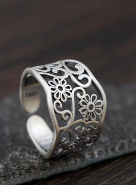 镂空花纹复古做旧开口指环戒指女
