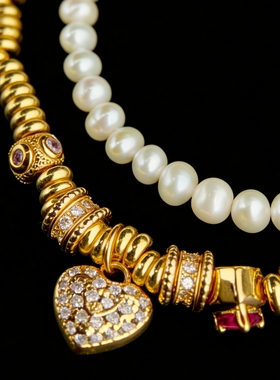 欧美爱心锆石珍珠双层小众手链