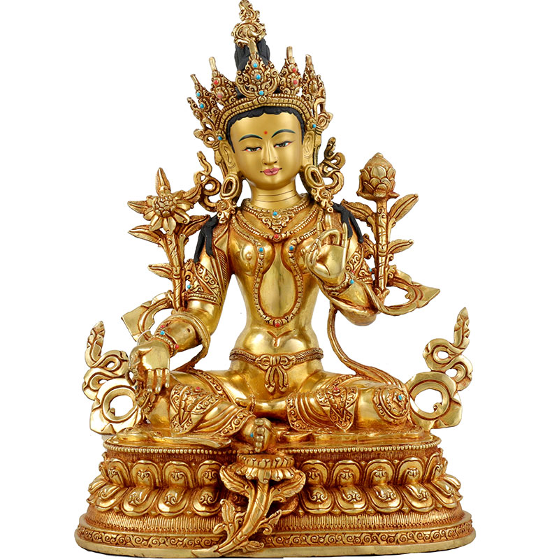 尼泊尔精品手工艺绿度母佛像藏传民族黄铜全鎏金密宗佛像摆件10寸