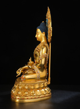 精工铜鎏金药师长寿文殊四臂释迦阿弥度母莲师摆件莲花带背光8寸