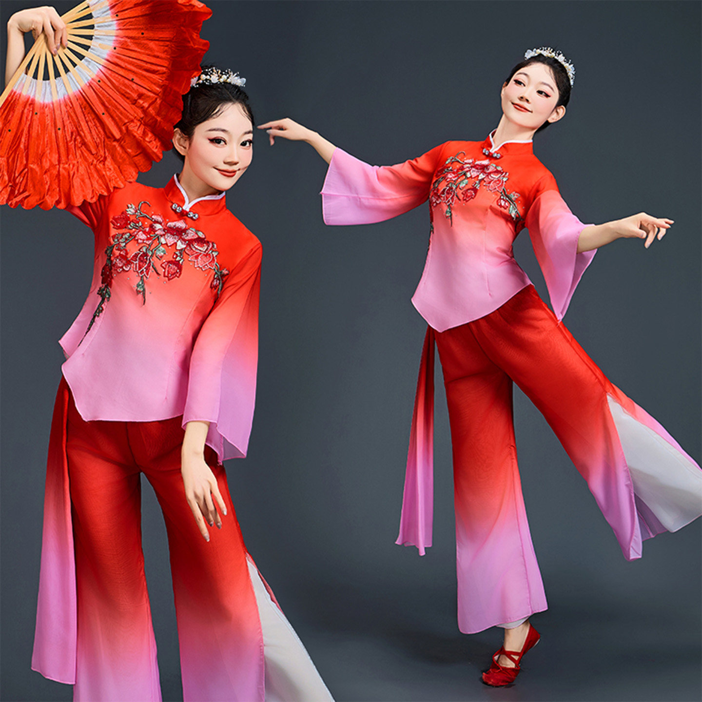 秧歌演出服飘带中国风舞蹈服古典扇子舞飘逸民族风广场舞表演服装