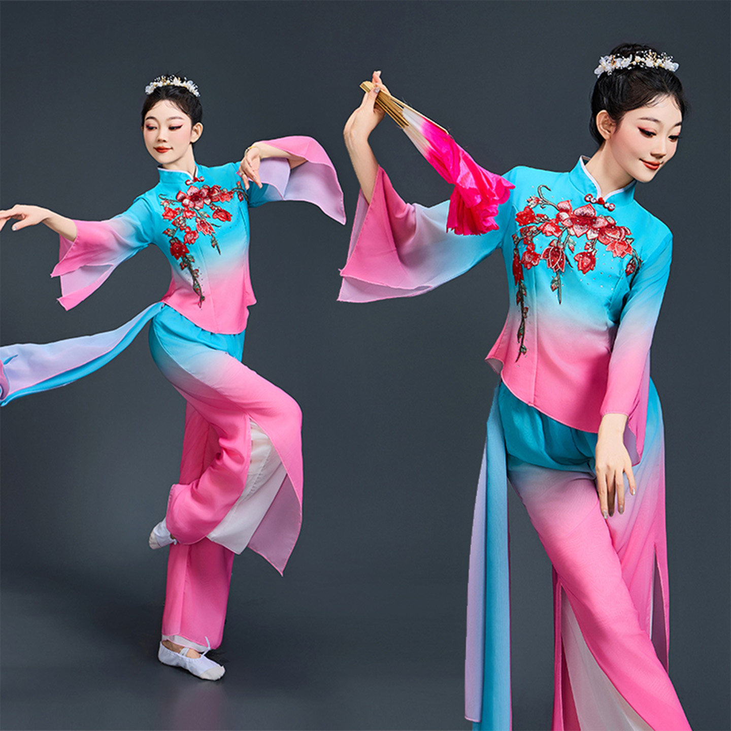 秧歌演出服飘带中国风舞蹈服古典扇子舞飘逸民族风广场舞表演服装