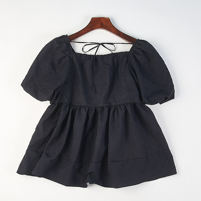 Ladylike square neck puff sleeve ເສື້ອ chiffon ສີດໍາສໍາລັບແມ່ຍິງ