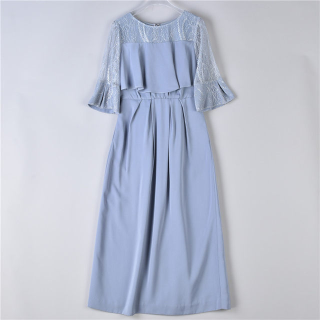216 high-end goods lace satin stitching dress women 74527 trumpet half-sleeve slim evening dress long dress