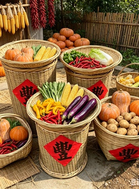 餐饮竹编箩筐饭店明档商用蔬菜摆放展示箩农产品土特产陈列堆头筐
