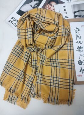 韩版黄色格子拆须围巾女秋冬季保暖仿羊绒百搭防寒围脖两用披肩秋
