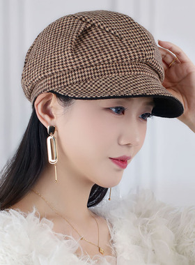 秋冬女千鸟格八角帽百搭减龄