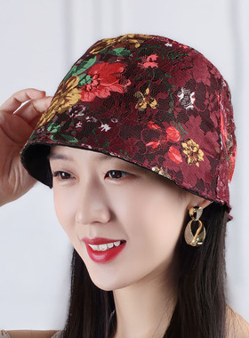 帽子女士包头帽新款薄款头巾蕾丝薄款渔夫帽空调春夏透气白发盆帽