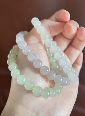 高品质起胶起荧和田玉青海料晴水冰烟紫荔枝白女单圈手串珠串手链
