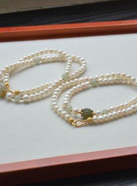 愿君安珍珠纯银镀金和田玉项链