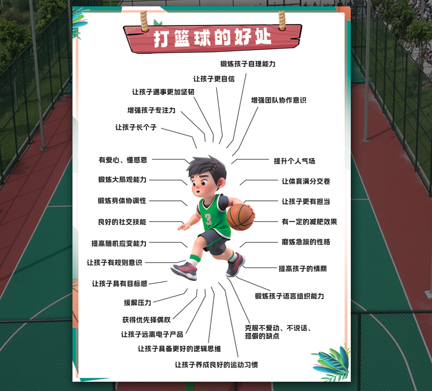 儿童打篮球的好处贴纸体育馆文化活动中心球场注意事项宣传海报