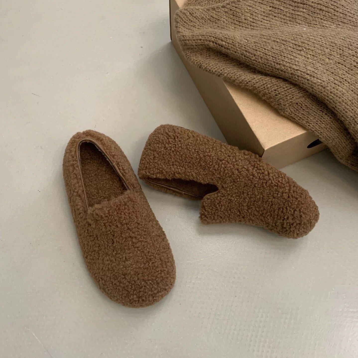 ERYUE 2025新款毛绒勃肯鞋女外穿一脚蹬懒人鞋加绒保暖浅口豆豆鞋,淘宝优惠券,粉丝福利购,淘宝优惠卷