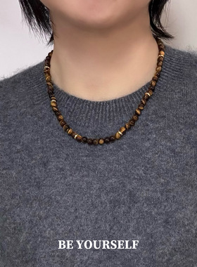秋冬美拉德天然5A级黄虎眼石串珠项链男女高级感锁骨链毛衣配饰