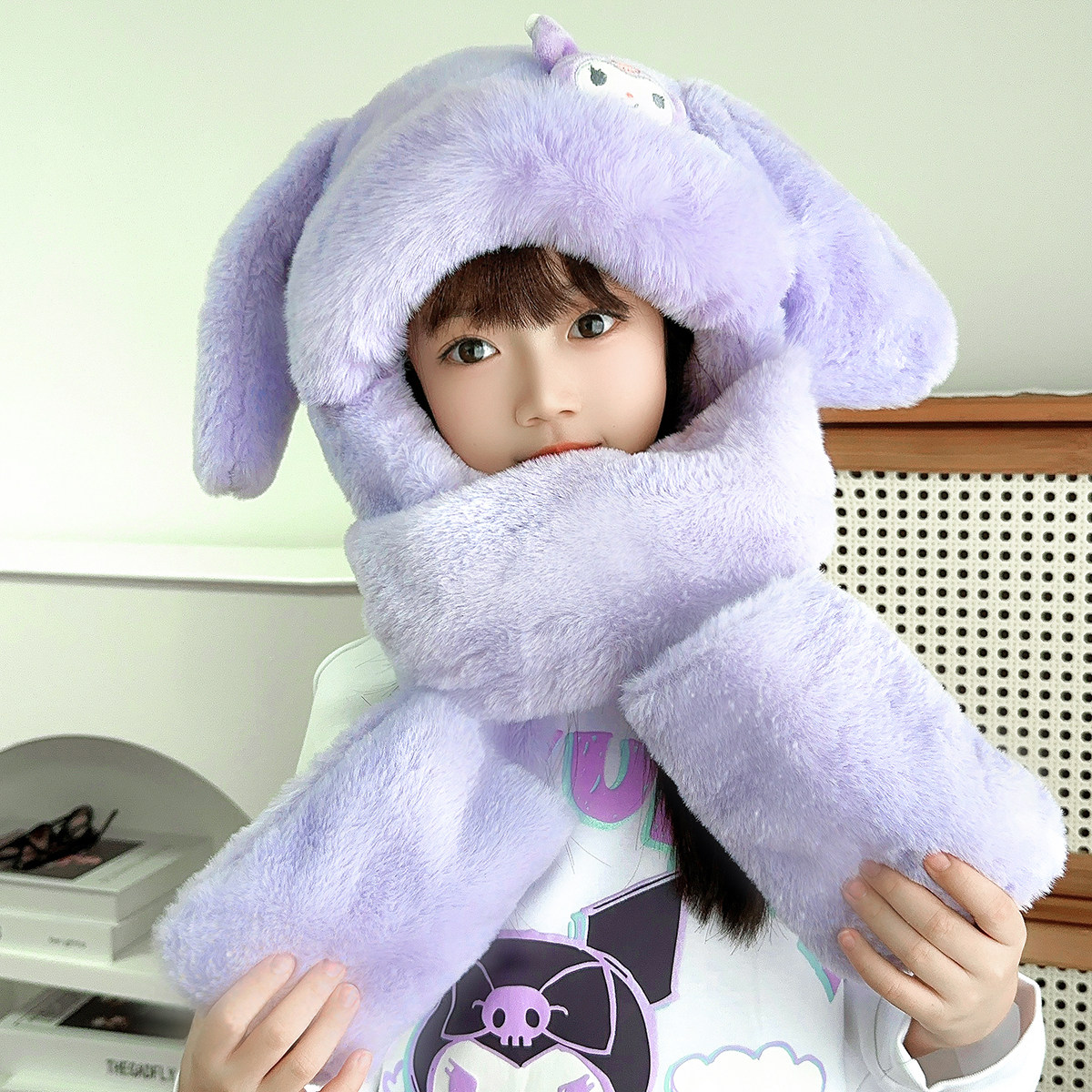 库洛米儿童帽子围脖手套一体冬季保暖防风耳朵会动新款女宝毛绒帽,淘宝优惠券,粉丝福利购,淘宝优惠卷