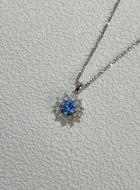 s925纯银新款时尚太阳花蓝色宝石锆石吊坠项链女欧美风菜花链饰品