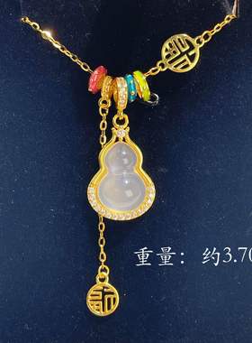 s925纯银镀黄金色新款中式福字福禄葫芦吊坠镶钻项链女锁骨链套链