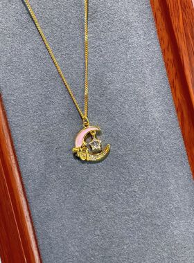 s925纯银镀黄金色首饰新款蝴蝶结星月项链女珐琅粉色镶钻闪锁骨链