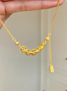 S925纯银钱多多五帝币项链国风碎冰冰钱币吊坠银镀黄金色女锁骨链