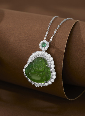 s925纯银首饰银镶玉天然绿玉髓佛公吊坠项链翡翠绿色弥勒佛颈饰女