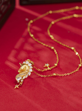 s925纯银镀黄金色首饰拉丝独角兽闪亮镶钻星芒吊坠项链高级感设计