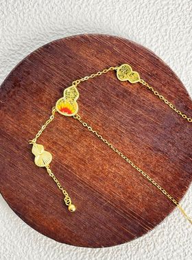 s925纯银镀黄金色新款中式珐琅碎冰冰流苏葫芦项链莲花葫芦锁骨链