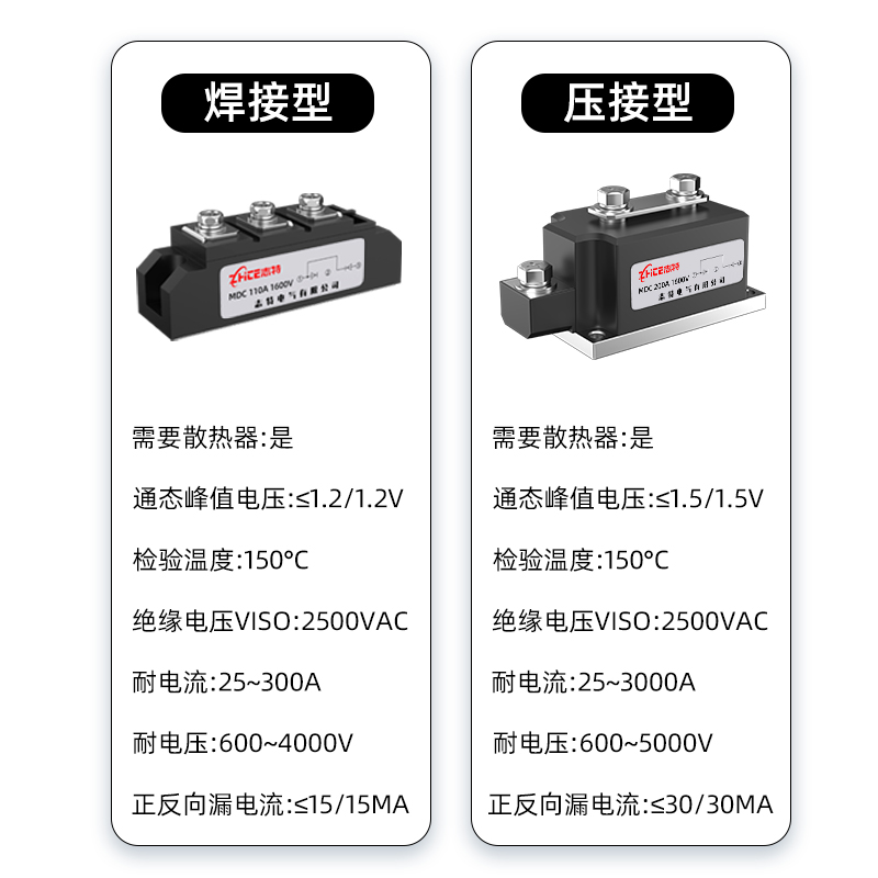 志特大功率整流器二极管模块MDC50A100A200A1600V压接焊接整流桥-图2