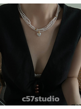 c57法式复古爱心珍珠项链银镀金18k锁骨链