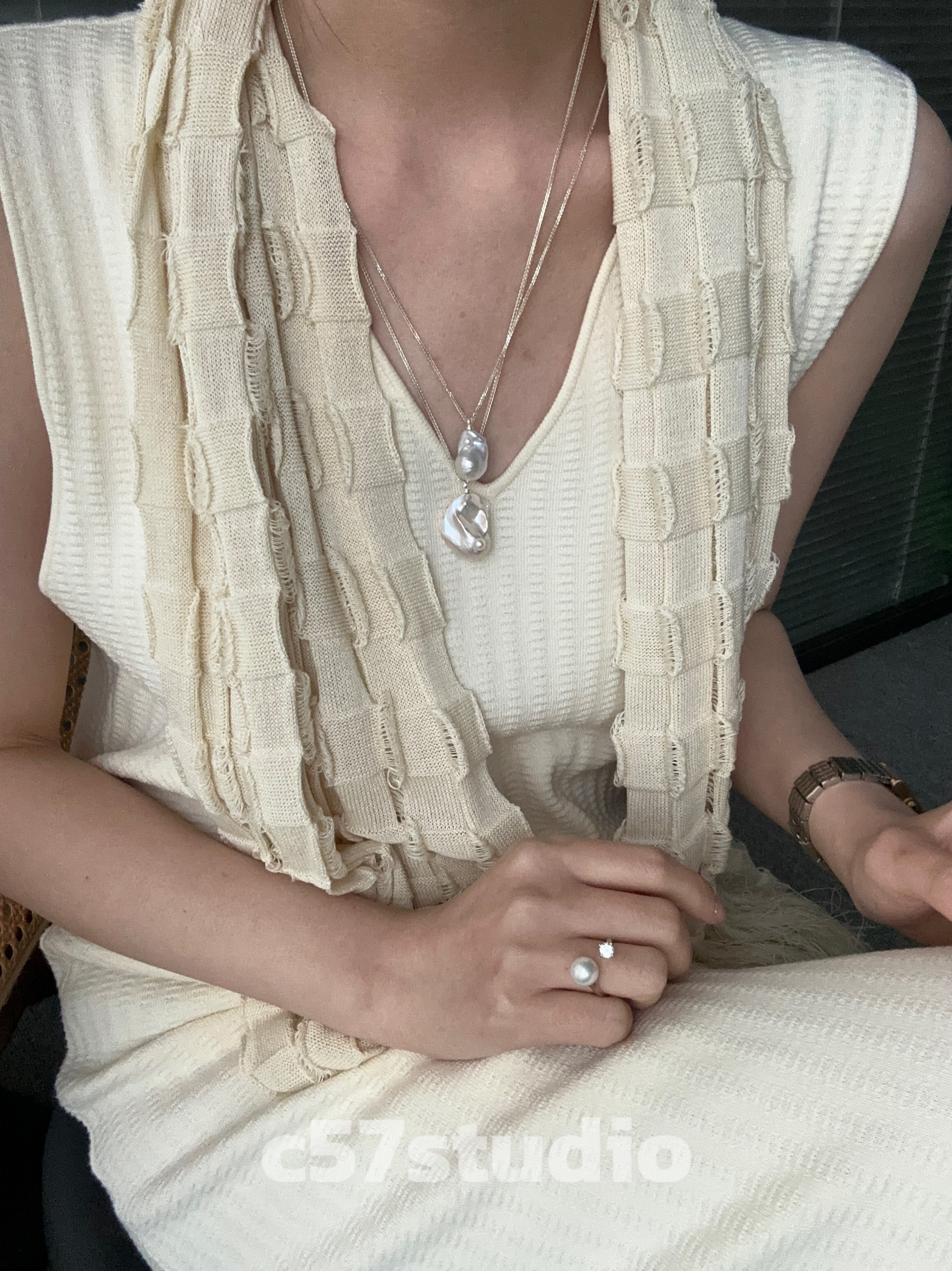 c57纯银正圆镜面无暇珍珠闪钻戒指女开口戒轻奢小众设计8-9大点位 - 图2