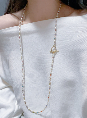 彩色切面水晶珍珠毛衣链，4-5MM米形天然淡水珍珠 90CM双层可戴