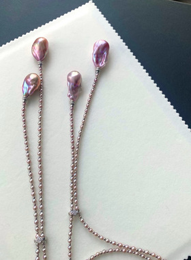 烟灰紫珍珠项链3-4mm天然色无核baby珍珠炫彩紫巴洛克通体s925银