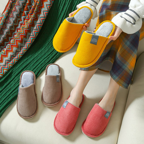 冬季包头居家木地板布标灯芯绒室内地板家防滑家居保暖情侣棉拖鞋 - 图0