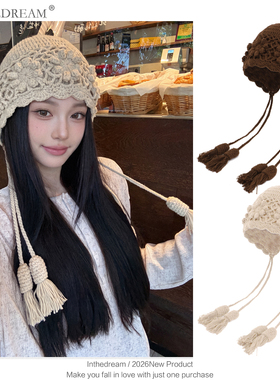 秋冬出游手工钩花流苏毛线帽女秋冬保暖护耳包头针织帽镂空民族风
