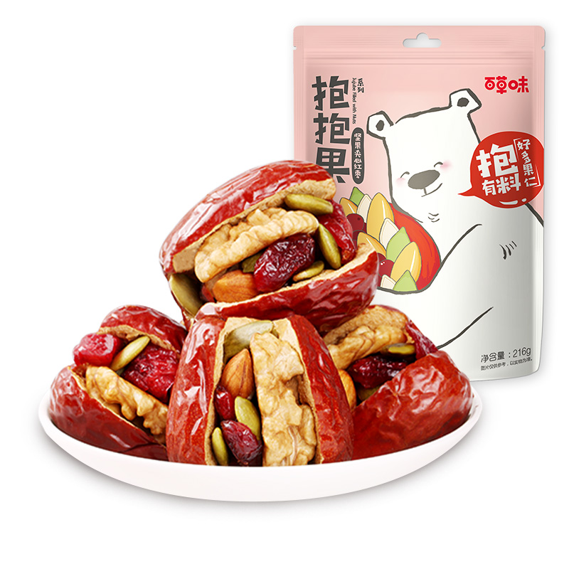 百草味旗舰店【百草味-枣加每日坚果216g】抱抱果大红枣夹核桃仁 混合网红零食3