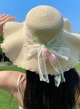 女士夏季帽子花边草帽潮流旅行拍照透气蕾丝女式潮牌海边出游日式