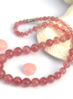 臻唯清透绯红天然草莓晶粉色项链