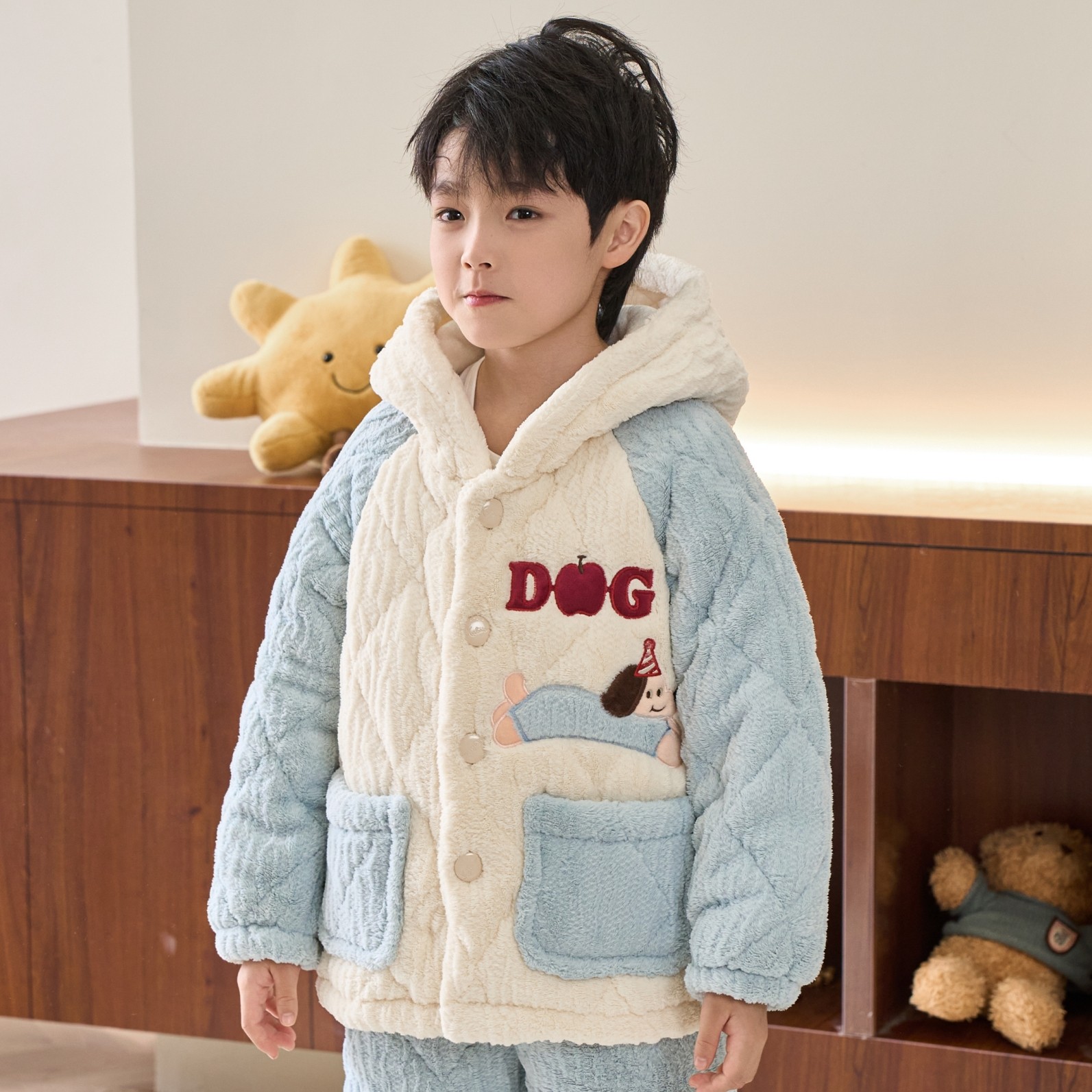 儿童睡衣冬季三层加厚夹棉法兰绒家居服套装男女童可爱卡通连帽款,淘宝优惠券,粉丝福利购,淘宝优惠卷