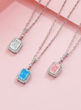 Witther原创设计925银满钻方糖项链高级感冰花粉钻方形锁骨链轻奢