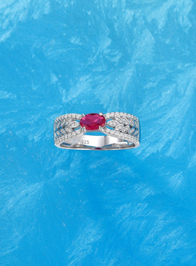 Witther法式复古鸽血红宝麦穗戒指小众925银满钻红刚玉轻奢指环女