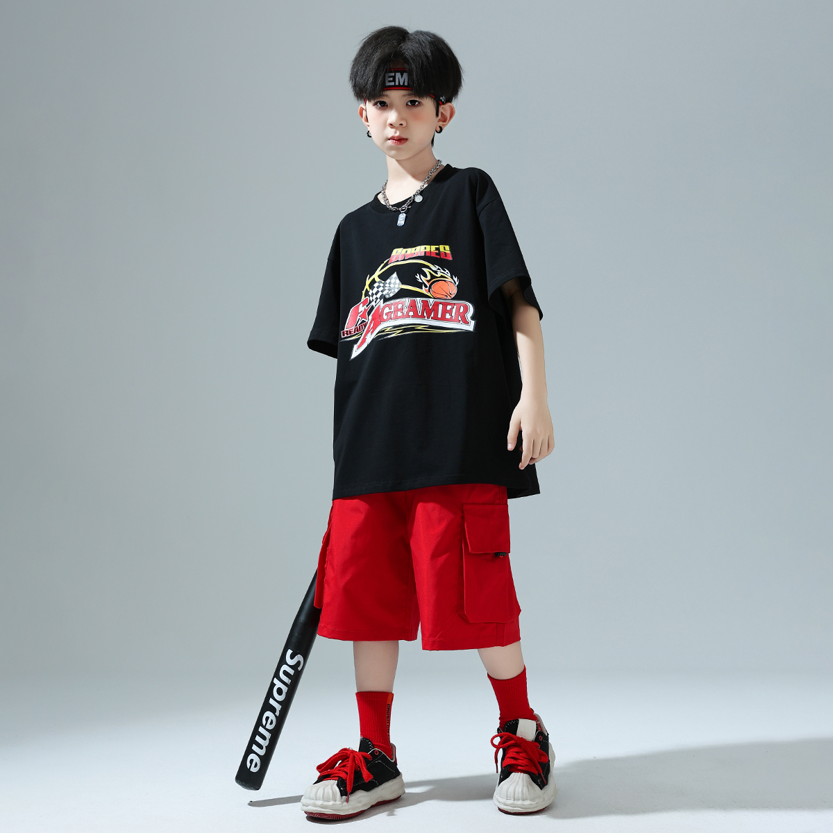 红色运动短裤男童工装女童儿童街舞裤子大童夏外穿hiphop穿搭宽松 - 图2