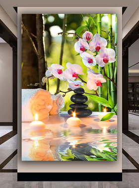 自然清新点燃蜡烛白色兰花竹子自粘贴画纳福装饰画竖版挂画