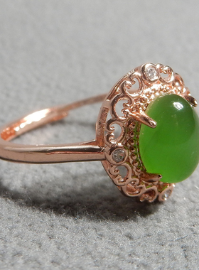 爆火方言和田玉精品特惠俄罗斯碧玉冰底阳绿银镀玫瑰金戒圈戒指A5